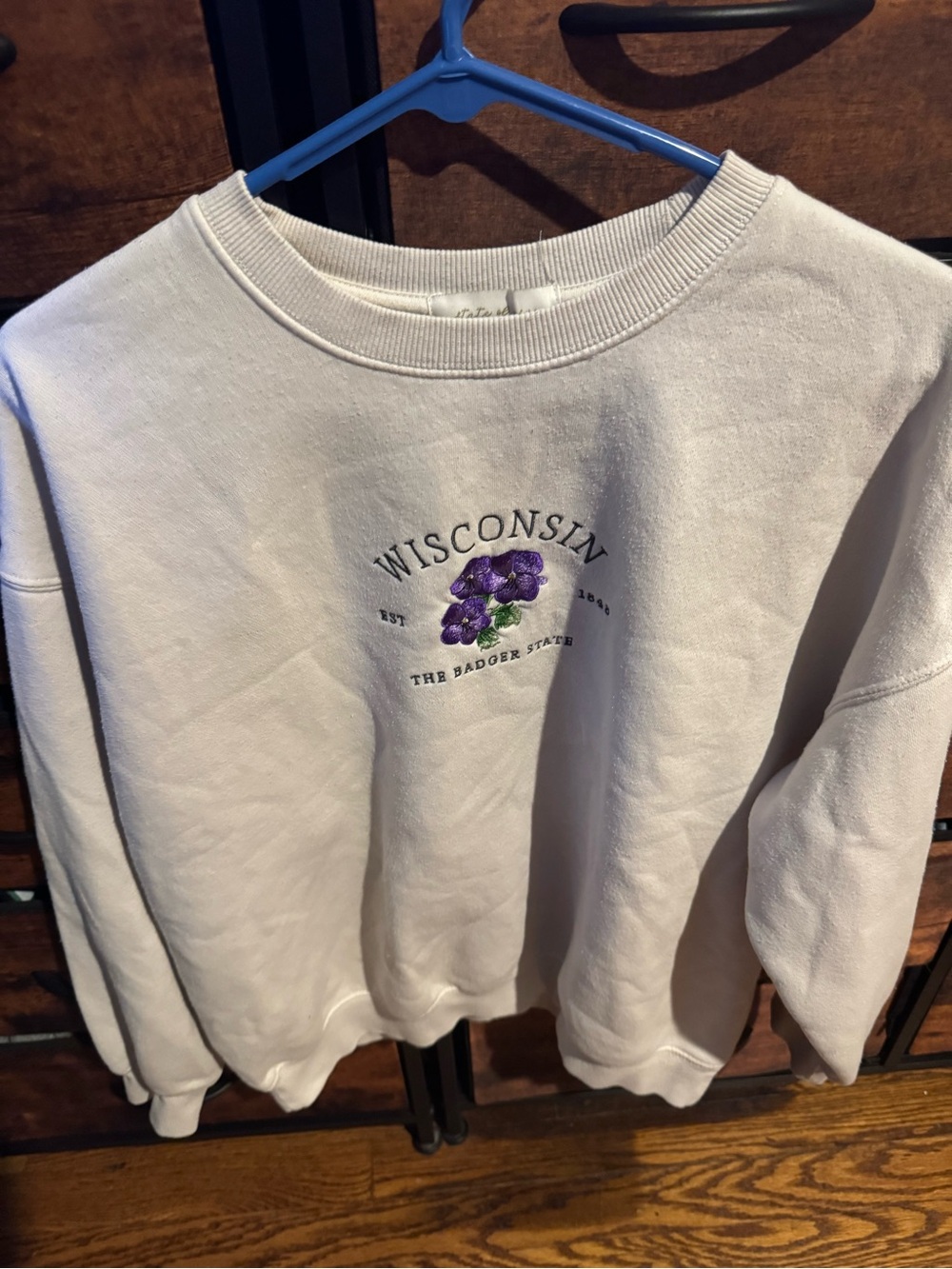 State of Mind Cream Crewneck Sweatshirt with Purple Floral Wisconsin Embroidery